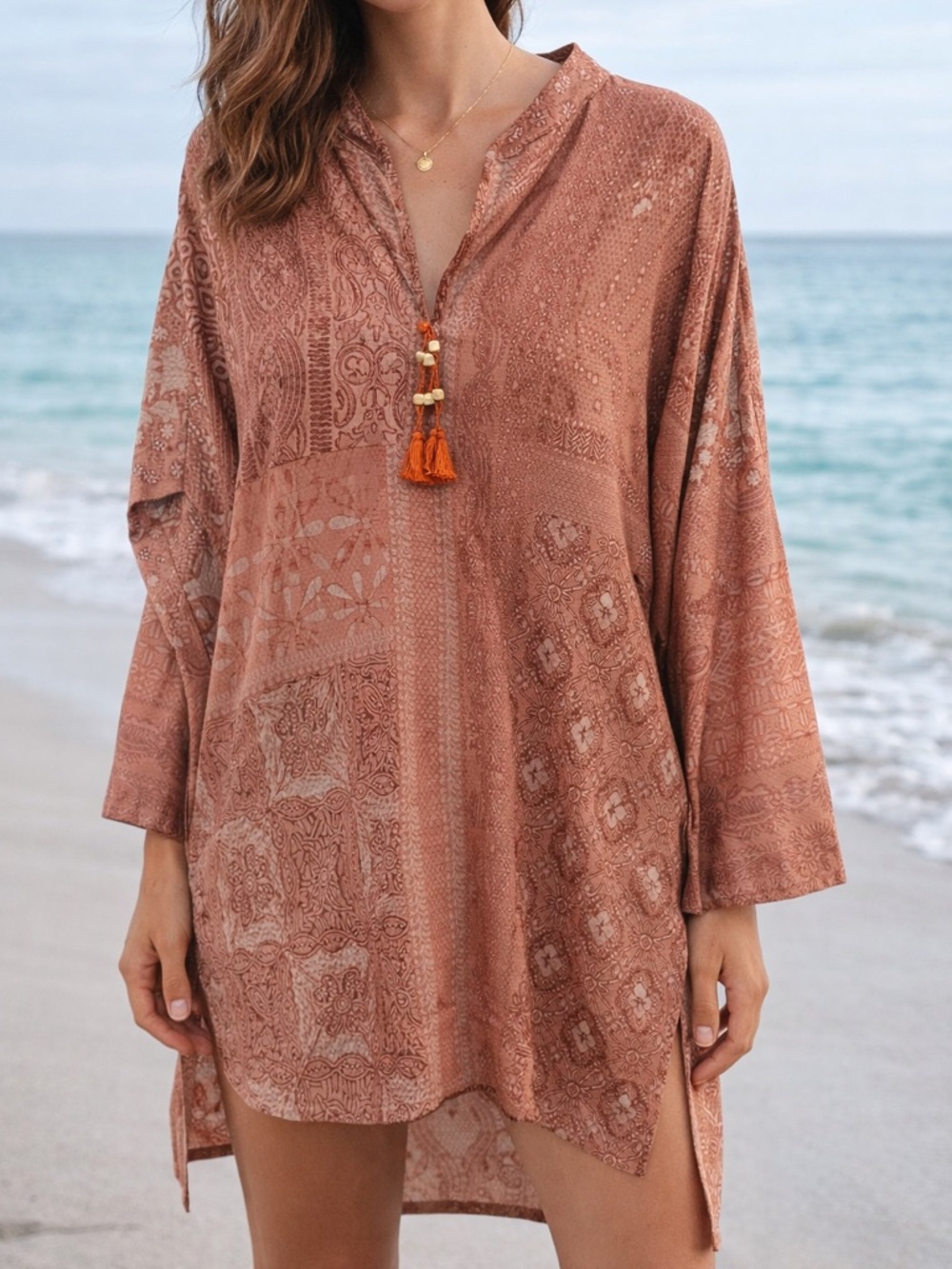 Rust Paisley Tunic Cover-Up with Tassel Detail - Women Swim